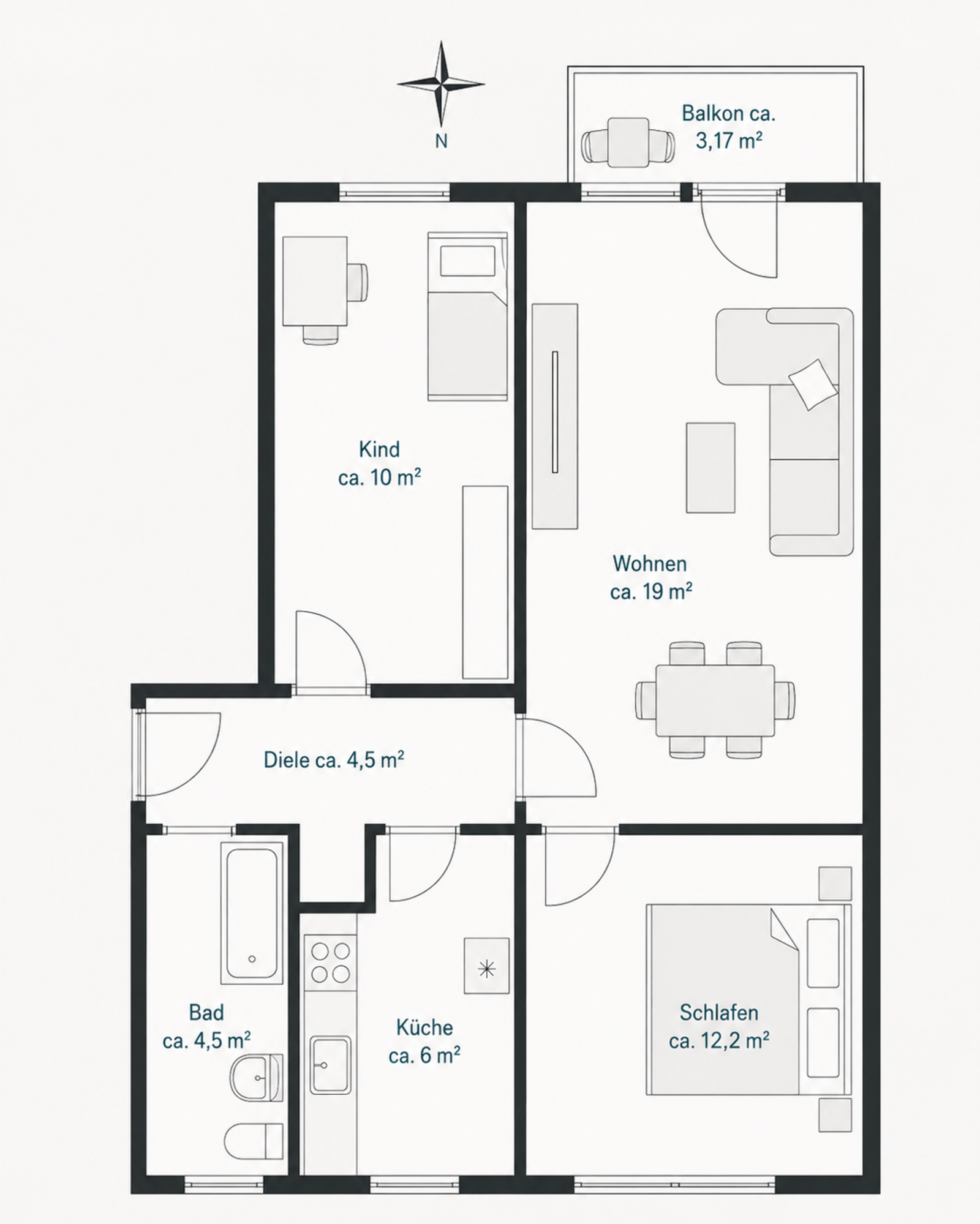 Grundriss der Wohnung: drei Zimmer, Küche, Bad, Diele und Balkon, Norden ist oben